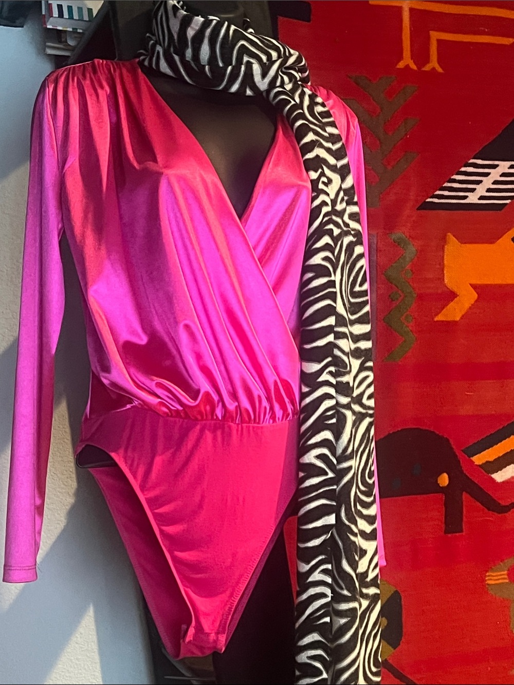 SHEIN Vibrant Hot Pink Satin Surplice Long Sleeve Bodysuit